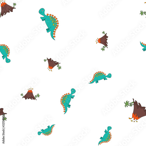 Dinosaur stegosaurus and vulcano seamless pattern