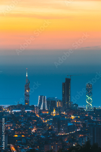 Batumi, Adjara, Georgia. Aerial View Of Urban Cityscape Skyline At Sunset. Georgian Black Sea Coast. Resort Town