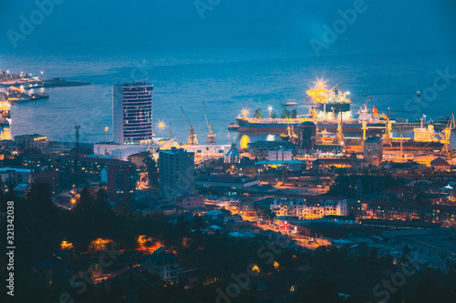Batumi  Adjara  Georgia. Aerial View Of Urban Cityscape At Evening Or Night. Port Management Building And Port.