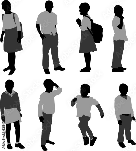 silhouette of poor black african school children from rural poverty areas walking, standing and running