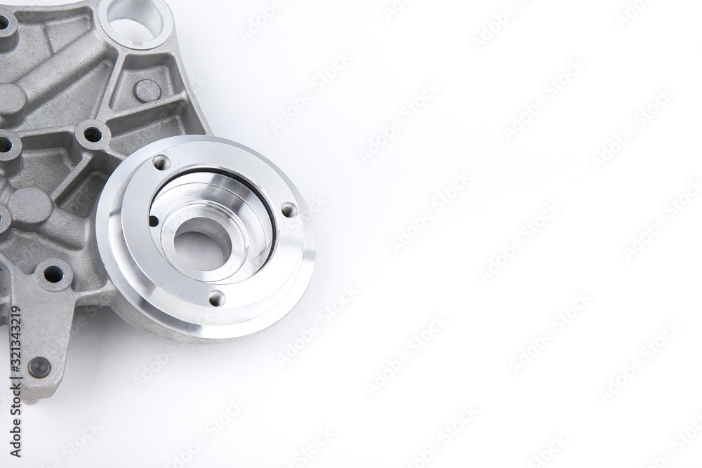 aluminium car engine part on white background top view with copy space