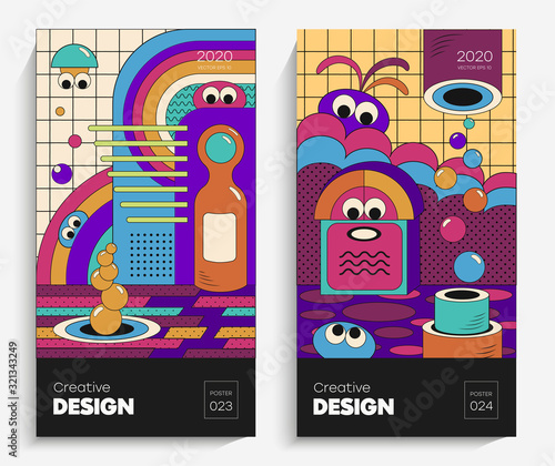 Bright illustrations with pretty faces. Vector suitable for your project, animation, advertising, advertising banner, flyer, sale. Simple poster, patches, badges in the mix Neo Memphis, pop art.