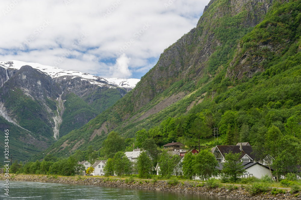 Flam / Norwegian. 05.29.2015. View of the wooden houses of the village of Flam