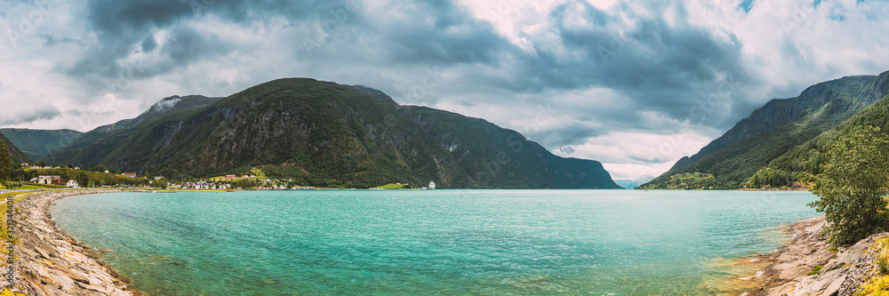 Bargarden Nature Reserve, Norway. Beautiful Fjord, Lake In Summer Day. Norwegian Nature. Panorama, Panoramic View