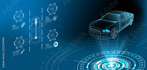 Futuristic car service, scanning and auto data analysis. Intelligent car banner. Futuristic isometric smart car and icons with machine benefits. Vector illustration