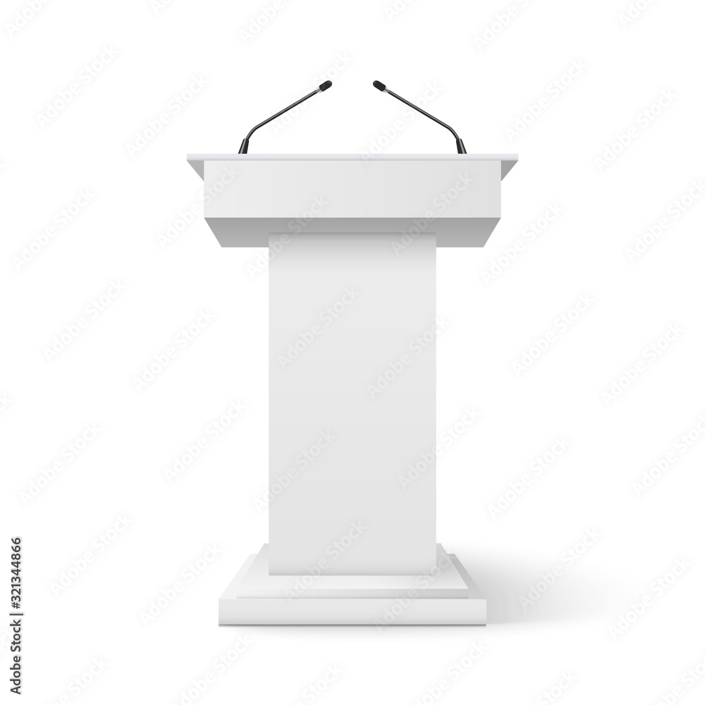 Tribune podium rostrum speech stand. Conference stage with microphone, press or debate speaker isolated orator pulpit - obrazy, fototapety, plakaty 