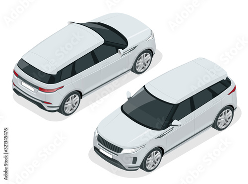 Off-road write car Modern VIP transport. Compact crossover, SUV, 5-door station wagon car. Offroad truck template vector isolated car on white View isometry front, back