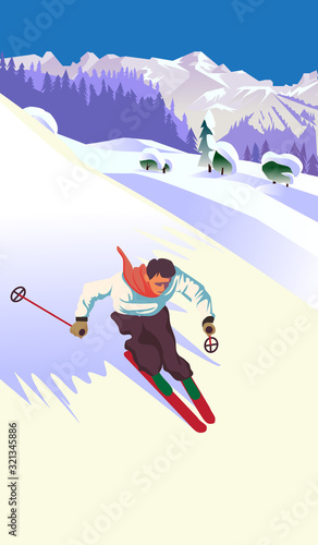 Cartoon style blonde ski girl in sunglasses on mountain background.