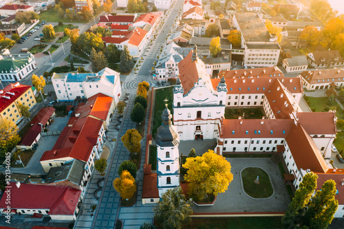 Pinsk, Brest Region, Belarus. Pinsk Cityscape Skyline In Autumn Morning. Bird's-eye View Of Cathedral Of Name Of The Blessed Virgin Mary And Monastery Of The Greyfriars. Famous Historic Landmarks