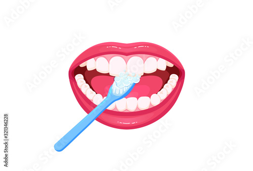 Vector Icon about dental care, girl brushes teeth, teeth cleaning. Isolated Concept of how to brush teeth, female mouth with snow-white teeth.