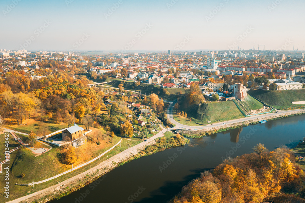 Fototapeta premium Grodno, Belarus. Aerial Bird's-eye View Of Hrodna Cityscape Skyline. Kalozha Church And Other Famous Popular Historic Landmarks In Sunny Autumn Day. Church of Sts. Boris and Gleb.