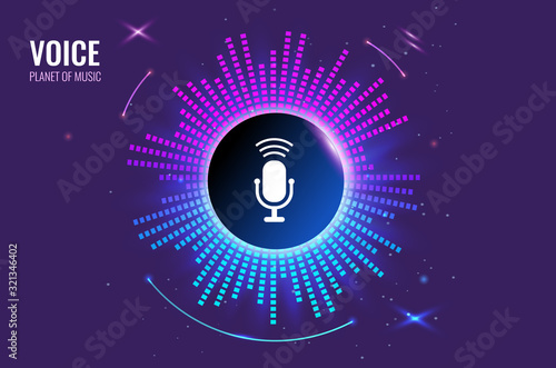 The musical symbol of the circular equalizer. Voice recognition abstract background. icon microphone in the center of the musical planet. vector Illustration.