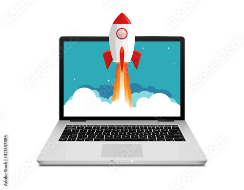 Vector rocket launch website computer concept illustration. Business start rocket launch