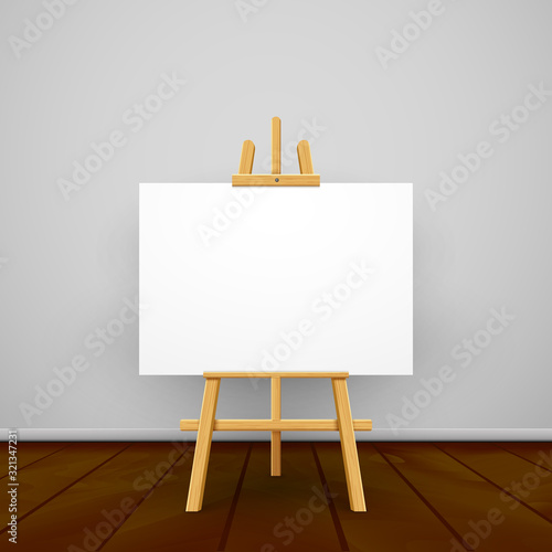 Wooden easel canvas board isolated stand in front wall. Blank empty vector easel poster billboard