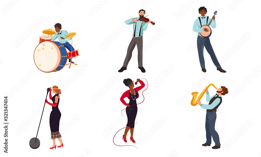 Set of jazz band musicians and singers vector illustration Set of jazz band musicians and singers vector illustration