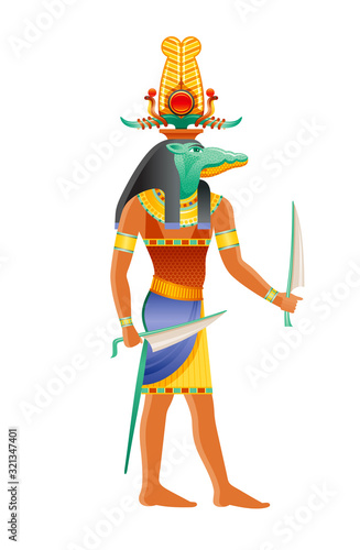 Sobek Egyptian god, Nile crocodile deity. Ancient Egyptian god of pharaonic power, fertility, military prowess, crocodile in shuti sun crown. 3d realistic vector illustration isolated white background