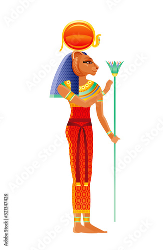 Sekhmet Egyptian goddess, lioness deity. Ancient Egyptian god of war and healing, pharaohs protector. Lioness with solar disk crown. 3d realistic lion vector illustration isolated white background