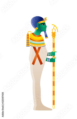 Ptah Egyptian god, demiurge of Memphis, creator deity. Ancient Egyptian god of craftsmen, architects. God with green skin in muumy shroud with Djed pillar. 3d realistic vector illustration isolated