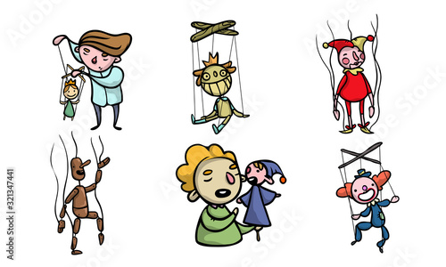 Set of puppets, marionettes, young boys puppet masters vector illustration