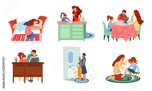 Set of families in everyday situations enjoying life vector illustration