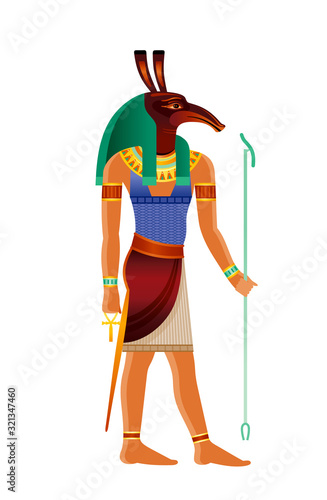 Seth Egyptian god. Set, ancient Egyptian god of chaos, fire, desert, trickery, storm, envy, disorder, violence, foreigner with aardvark head. 3d realistic vector illustration isolated white background