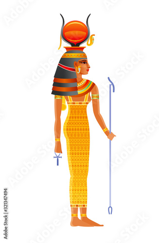 Hathor Egyptian goddess, sky deity with sun, cow horns. Ancient Egyptian god of music, dance, joy, sexuality, beauty, love, motherhood. 3d realistic lion vector illustration isolated white background