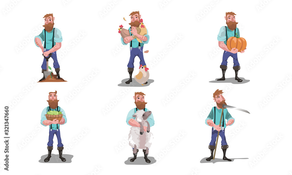 Adult men farmers with animals, produce and tools vector illustration