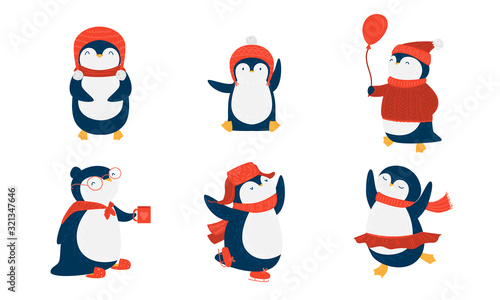 Pinguins in scarfs and hats doing casual things vector illustration © greenpicstudio