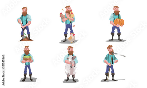 Adult men farmers with animals  produce and tools vector illustration
