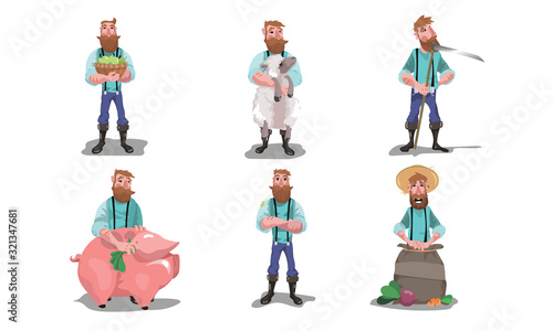 Men farmers with farm animals, produce and tools vector illustration