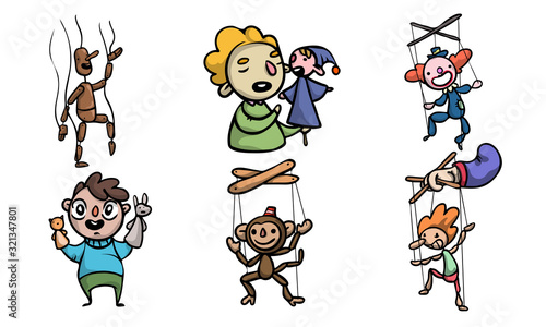 Set of puppets, wooden marionettes and puppet masters vector illustration