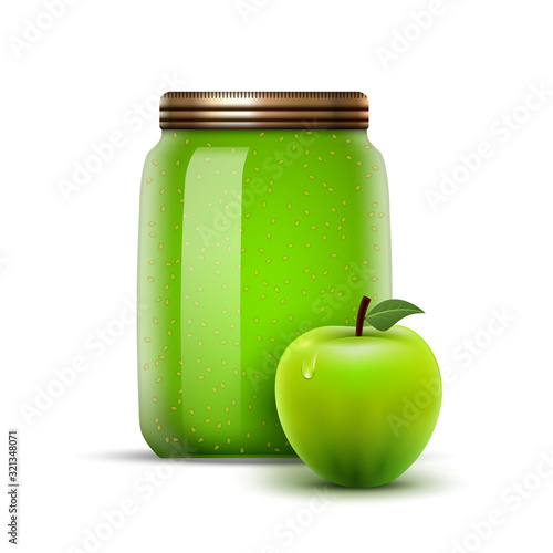 Glass jar apple jam vector fruit. Bottle jelly juice package mockup food