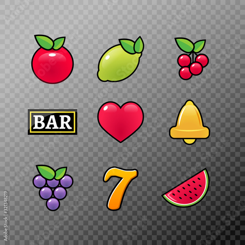 Slot machine symbols icons set. Casino gambling slot machine icons of fruit lemon seven bell