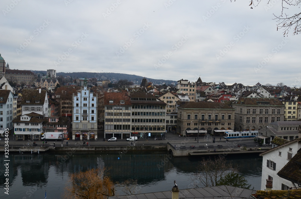 Obraz premium Zurich is the capital of the canton of the same name in the north-east of the country. The city was built on both banks of the Limmat River, originating in Lake Zurich. The largest city in Switzerland