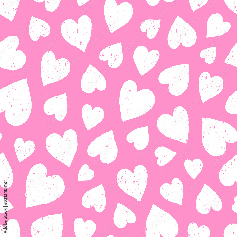 Valentine's Day hearts white on pink background. Textured seamless pattern with aged effect. Hand drawn doodle style. Valentine's Day hearts white on pink background. Textured seamless pattern with aged effect. Hand drawn doodle style.