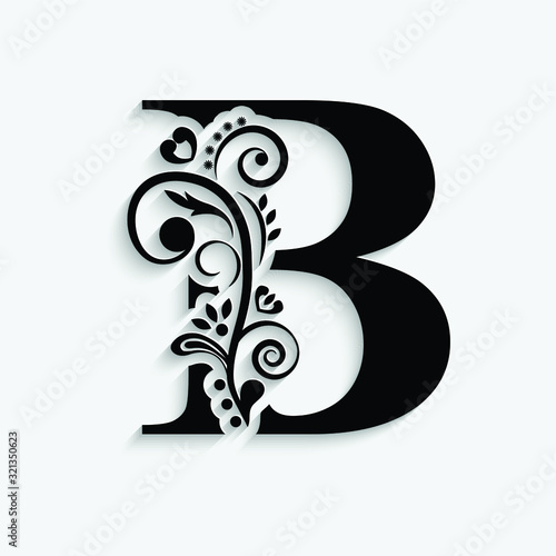 letter B. Black flower alphabet.  Beautiful capital letters with shadow