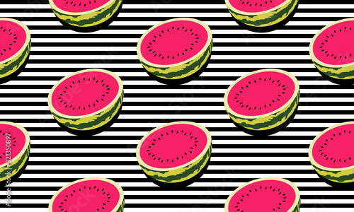 Seamless background with black and white stripes and watermelons cut in halves, with dark shadow. Vector fruit design for pattern or template.