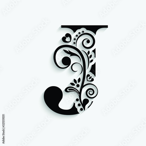 letter J. Black flower alphabet.  Beautiful capital letters with shadow