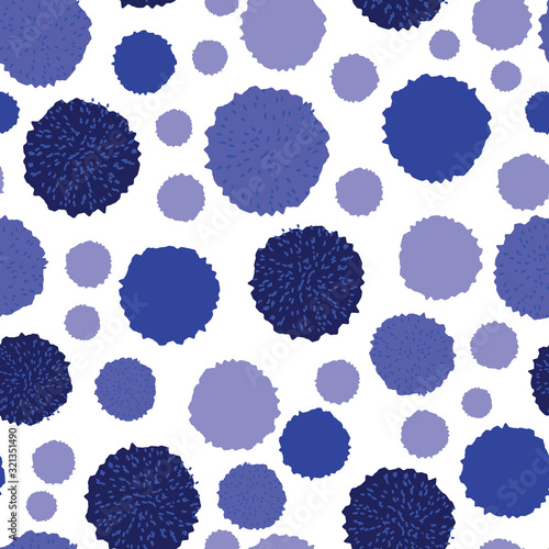 Vector seamless pattern, pom pom, bobble, dots in different blue shades. Repeating pattern.