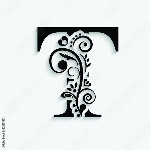 letter T. Black flower alphabet.  Beautiful capital letters with shadow
