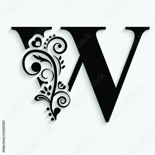 letter W. Black flower alphabet.  Beautiful capital letters with shadow