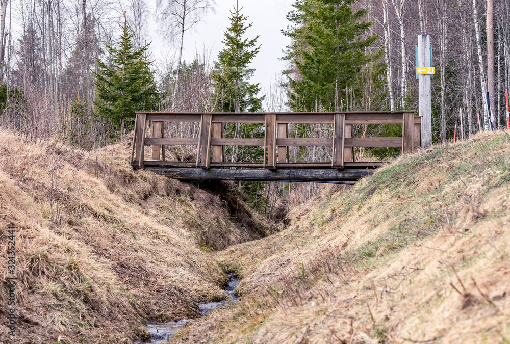 Small ravine with old brown grass after winter, early spring. Wooden small bridge over brook, mixed forest at background, pines and trees without leaves. Countryside landscape, Northern Sweden, Umea Small ravine with old brown grass after winter, early spring. Wooden small bridge over brook, mixed forest at background, pines and trees without leaves. Countryside landscape, Northern Sweden, Umea