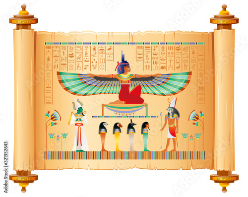 Egyptian papyrus with gods and goddess. Isis with wings, Horus, Osiris, ancient Egyptian deitiy in old historical paper art. Vector illustration isolated on white. Ancient Egypt papyrus hieroglyph set