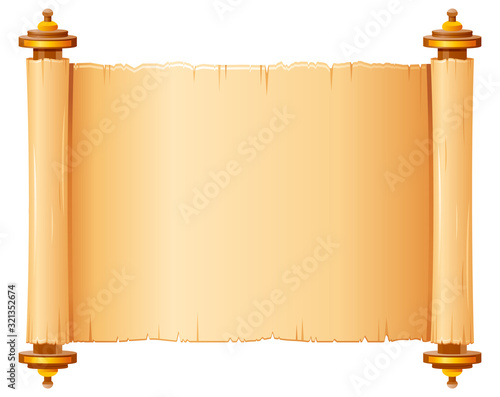 Papyrus scroll, parchment paper with old texture, vector banner isolated on white background. Vintage roll with wooden handles for map, oll, old, bible, medieval letter. Ancient papyrus scroll