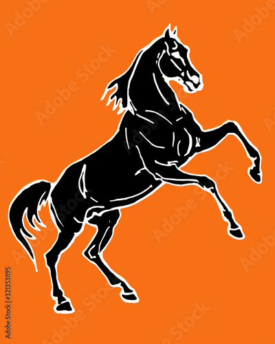 horse, drawing in the style of an ancient Greek black statuette on ceramics, vector isolated image on an orange background. Classical ancient Greek style 