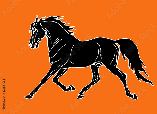 horse, drawing in the style of an ancient Greek black statuette on ceramics, vector isolated image on an orange background. Classical ancient Greek style 