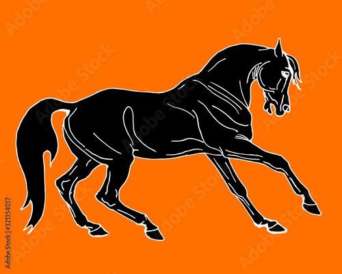 horse, drawing in the style of an ancient Greek black statuette on ceramics, vector isolated image on an orange background. Classical ancient Greek style 