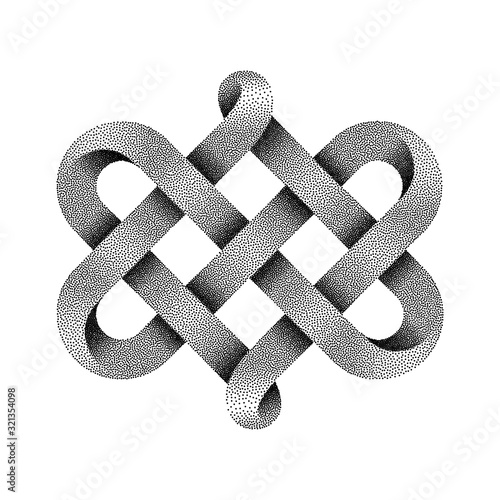 Celtic knot made of interweaved moebius stippled tape as two twisted hearts symbol. Vector illustration.