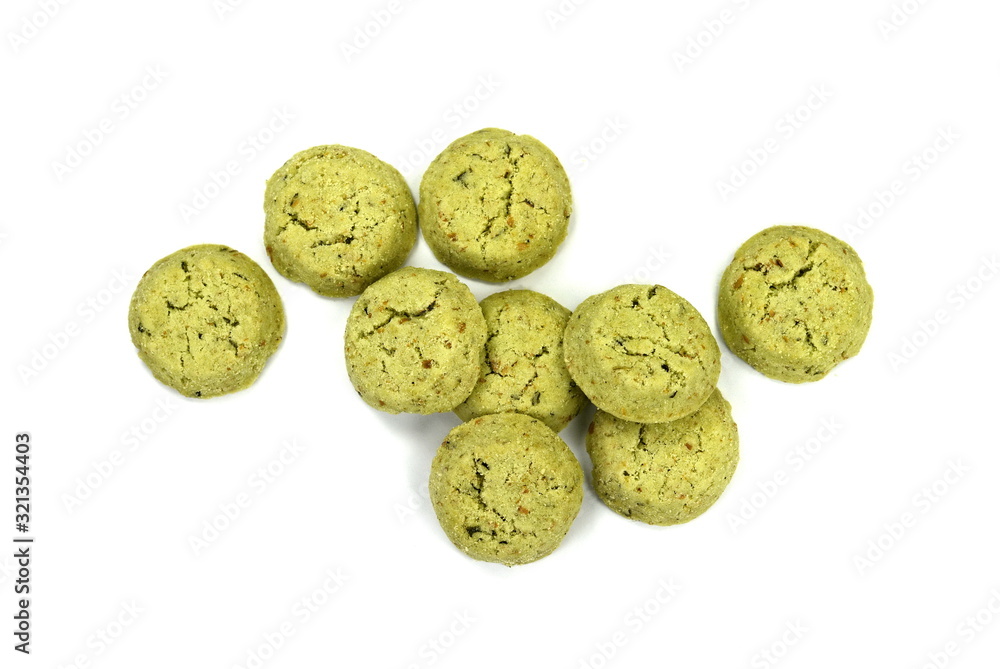 Green Mint chip cookies on white background. Biscuits with whole-wheat (wholemeal) flour with mint. Green Mint chip cookies on white background. Biscuits with whole-wheat (wholemeal) flour with mint.