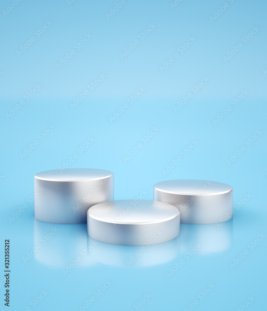 Three silver pedestals for product placement at minimal blue studio background. 3D render Three silver pedestals for product placement at minimal blue studio background. 3D render